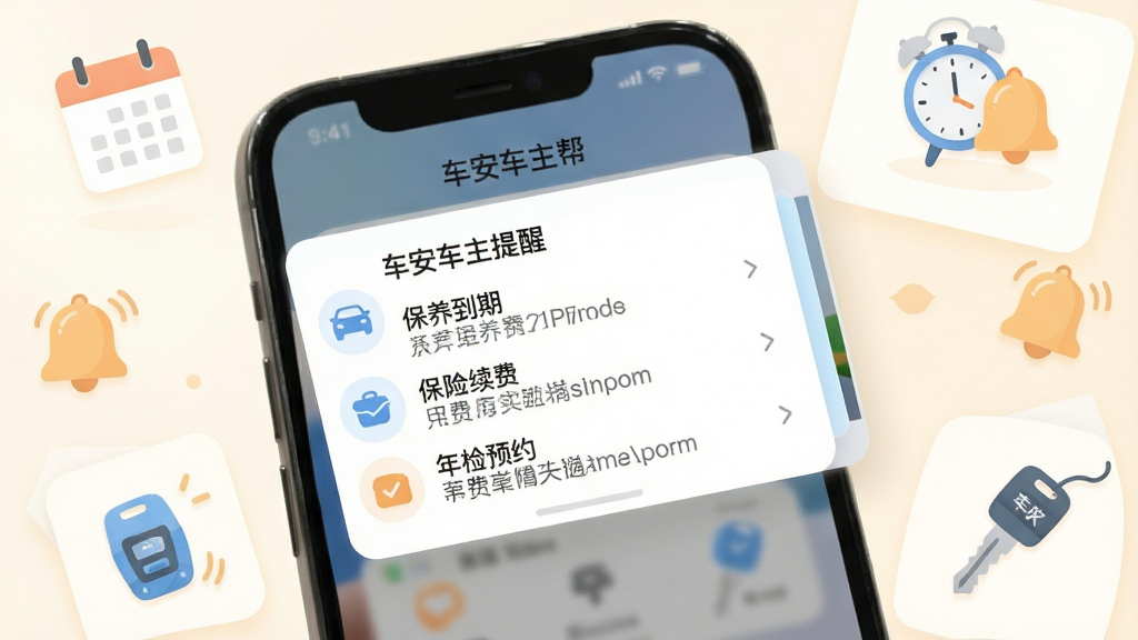 车安车主帮养车提醒推送界面,手机屏幕弹出提醒卡片,显示保养到期、保险续费、年检预约等通知;背景为暖白色,周围散落日历、时钟、小铃铛、汽车钥匙等扁平图标;布局为手机居中偏左,提醒卡片突出显示;风格为清新简约风,色彩以白、浅蓝、淡橙为主;细节包括卡片圆角、图标线条柔和、文字层级分明;画质为高清2K,干净无多余元素,画面中文字内容为'车安车主帮'