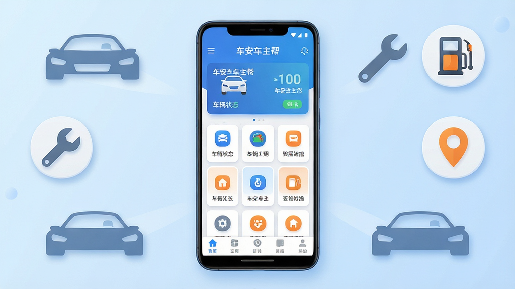 车安车主帮软件主界面全貌展示,画面中央放置一部安卓手机,手机屏幕显示车安车主帮应用首页,包含车辆状态卡片、功能图标网格与底部导航栏;背景为浅蓝色渐变,周围环绕汽车轮廓、扳手、油表、定位图标等元素;整体布局左右对称,视觉重心集中在手机屏幕;风格为扁平化科技感,色彩以蓝白灰为主,点缀少量橙色;细节包括图标圆角处理、阴影柔和、文字清晰可辨;画质为高清2K,干净无多余元素,画面中文字内容为'车安车主帮'