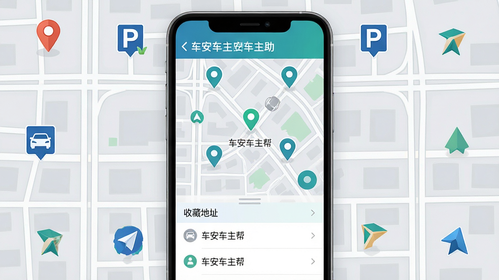 车安车主帮出行辅助与位置服务界面,手机屏幕显示地图与停车标记点,底部有收藏地址列表;背景为浅灰色城市道路网格,周围点缀定位针、停车场标识、导航箭头等图标;布局为手机居中,地图元素向四周延伸;风格为现代出行风,色彩以浅灰、蓝绿、白色为主;细节包括地图路网清晰、标记点醒目、列表条目整齐;画质为高清2K,干净无多余元素,画面中文字内容为'车安车主帮'