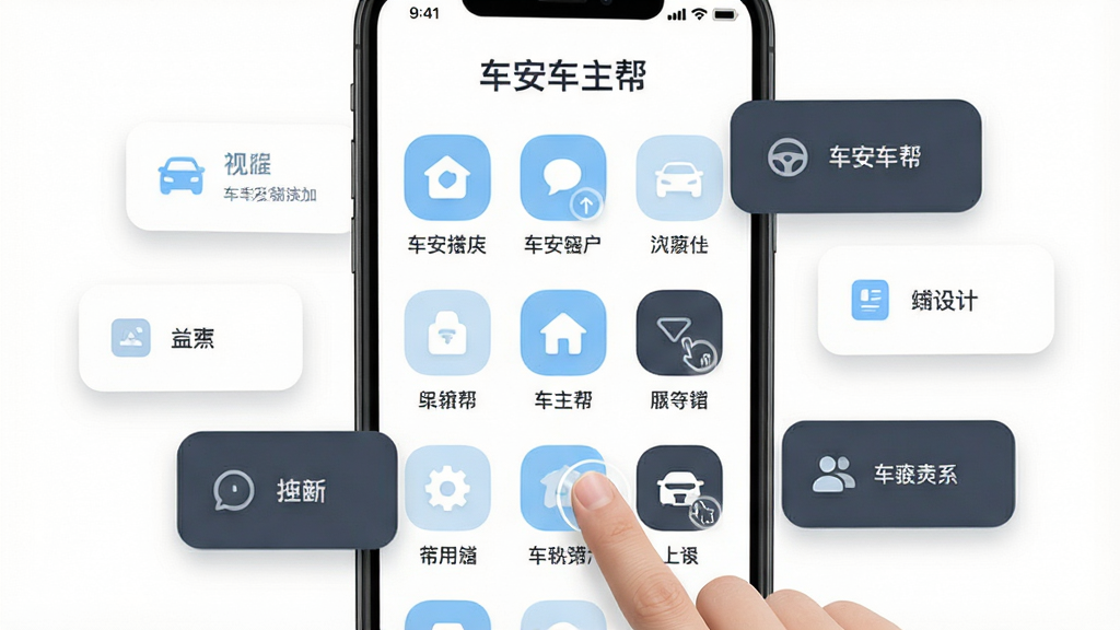 车安车主帮简洁交互设计展示,手机屏幕展示首页大图标网格与清晰文字标签,手指点击其中一个图标;背景为纯白,周围漂浮圆角矩形功能卡片;布局为手机居中,图标排列整齐;风格为极简扁平风,色彩以白、浅蓝、深灰为主;细节包括图标间距均匀、文字大小适中、点击反馈明显;画质为高清2K,干净无多余元素,画面中文字内容为'车安车主帮'