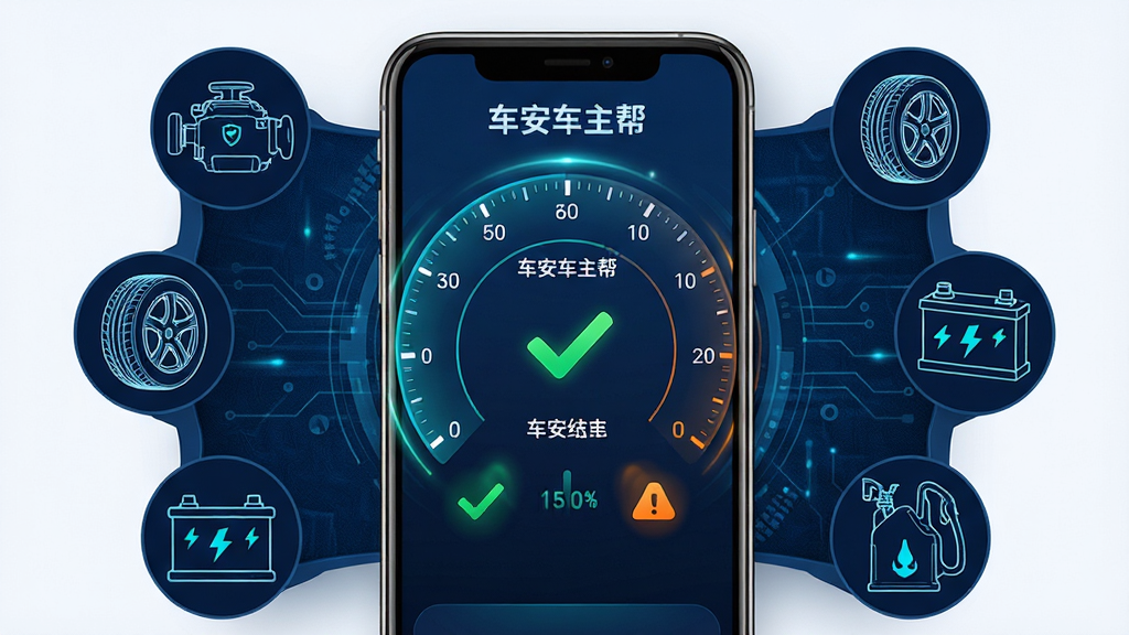 车安车主帮车辆健康自检功能界面,手机屏幕显示仪表盘式检测结果,包含绿色对勾与橙色提醒图标;背景为深蓝色科技纹理,周围环绕汽车引擎、轮胎、电池、油液等线框图标;布局为手机居中,图标环绕四周;风格为数据可视化科技风,色彩以深蓝、青绿、白色为主;细节包括刻度线清晰、数值标签工整、动画感光效;画质为高清2K,干净无多余元素,画面中文字内容为'车安车主帮'