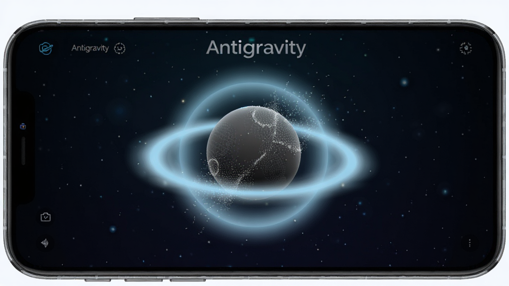 一张展示Antigravity软件主界面的手机预览图,画面中央是一个悬浮在空中的小球体,周围环绕淡蓝色光晕,背景为深色渐变星空,布局简洁,排版居中,风格科技感与未来感并存,细节上球体表面有细微粒子飘散,画质高清,干净,无多余元素