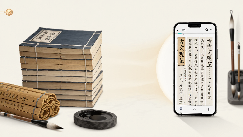 一幅展现古籍书架与数字阅读融合场景的插画,画面左侧是堆叠的线装古书,右侧是一部现代智能手机,手机屏幕上显示着古文观芷的阅读界面,中间用柔和的光线连接,主体突出,布局左右对称,风格为新中式简约,细节有竹简、毛笔、墨砚元素点缀,画质高清,干净,无多余元素
