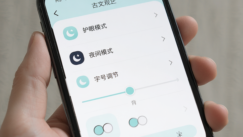 一张展示古文观芷阅读设置界面的图片,画面主体是手机屏幕,屏幕上显示着护眼模式、夜间模式、字号调节滑块、背景切换等选项,布局为纵向列表,风格为清新浅色,细节有柔和的图标和清晰的文字标签,画质高清,干净,无多余元素