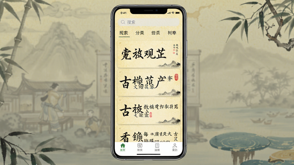 一张展示古文观芷手机应用界面的图片,画面中央是一部竖屏智能手机,屏幕上显示着古色古香的文章列表,背景是淡黄色仿古纸张纹理,顶部有搜索栏和分类标签,底部有导航菜单,整体布局简洁清晰,风格为中国风古典雅致,细节包括毛笔字标题和浅色水墨点缀,画质高清,干净,无多余元素