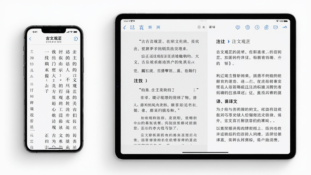 一张展示古文观芷在手机和平板上同时运行的场景图,画面左侧是竖屏手机显示阅读界面,右侧是横屏平板显示同一篇目的注释和译文,布局为左右对比,风格为现代简约,细节有柔和的阴影和清晰的屏幕内容,画质高清,干净,无多余元素