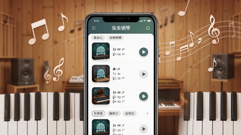 虫虫钢琴应用主界面展示,画面中央是手机屏幕正显示钢琴曲谱列表,背景为温暖木质色调的音乐工作室,周围点缀音符与钢琴键盘元素,整体布局干净整洁,风格现代简约,细节包括曲谱封面、播放按钮和分类标签,画质高清,无多余杂乱元素
