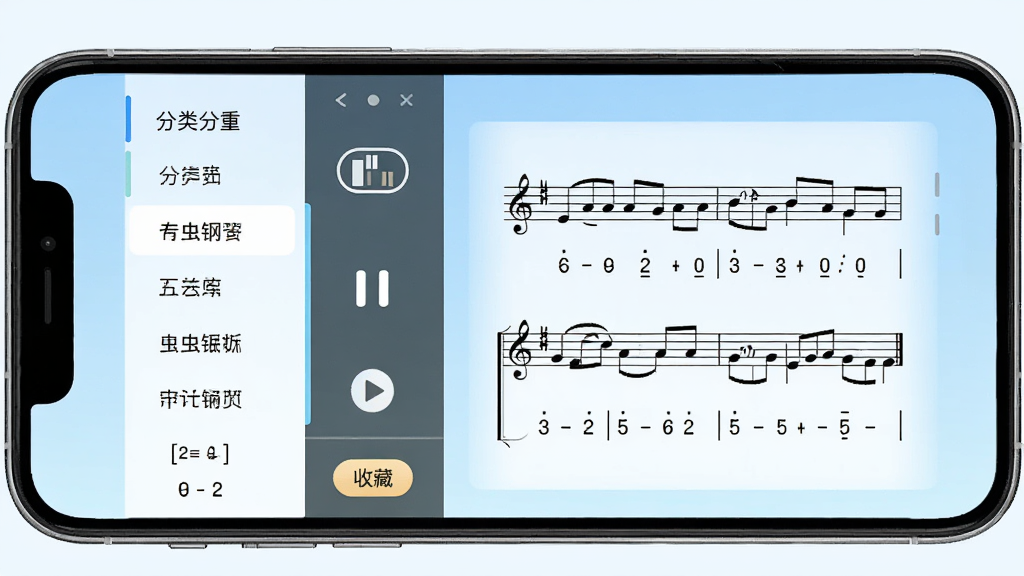 虫虫钢琴曲谱库界面,手机屏幕展示五线谱与简谱切换效果,画面左侧为分类导航栏,右侧为曲谱预览区域,背景为淡蓝色渐变,风格清新简洁,细节包括节拍器图标、播放控制条和收藏按钮,画质清晰,无干扰元素