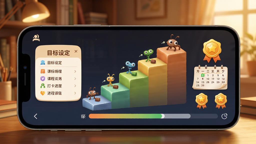 虫虫钢琴学习路径界面,手机屏幕显示阶梯式课程地图与进度条,画面背景为柔和暖光书房,风格温馨励志,细节包括目标设定面板、打卡日历和成就徽章,画质高清,无多余元素