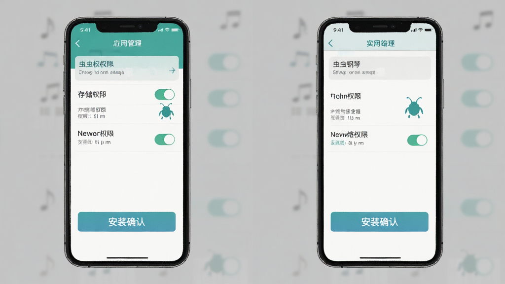 虫虫钢琴移动端安装权限设置示意图,手机屏幕显示应用权限管理页面,画面背景为简洁灰色调,风格实用指导型,细节包括存储权限开关、网络权限开关和安装确认按钮,画质清晰,无多余元素