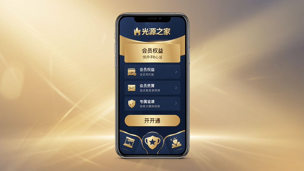 光源之家App会员中心界面展示图,画面中央为手机屏幕,屏幕显示会员权益列表和开通按钮,界面设计精致,金色与深蓝色搭配体现尊贵感;屏幕上方有光源之家文字标识,下方有会员专属图标装饰;背景为柔和的光影渐变效果,营造高端氛围;整体排版清晰,信息层级分明,画质干净高清,适合用于软件功能介绍配图