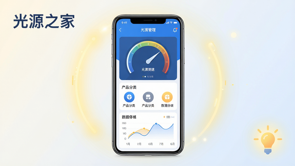 一款名为光源之家的手机应用界面展示图,画面中央放置一部智能手机,手机屏幕显示光源管理App的主页界面,包含光源测速仪表盘、产品分类图标、数据曲线图等元素;背景为浅色渐变,带有柔和光晕效果,营造科技感与照明行业氛围;画面左上角标注光源之家文字标识,右下角有柔和的光源图标装饰;整体风格简洁现代,扁平化UI设计,色彩以蓝白为主搭配暖黄色光源点缀;画质清晰干净,无多余杂乱元素,适合软件下载站配图使用