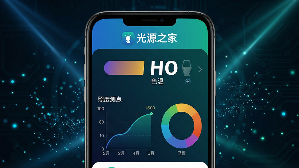 光源之家App光源测速功能界面展示图,画面主体为手机屏幕特写,屏幕中央显示色温数值、照度曲线图和显色指数环形图表,界面顶部有光源之家文字标识;背景为深色科技感场景,带有光束和粒子效果,突出测速功能的专业性与精准度;画面布局简洁,数据可视化元素清晰可见,蓝绿色调为主搭配白色文字,整体风格现代科技,画质高清干净,无多余装饰元素