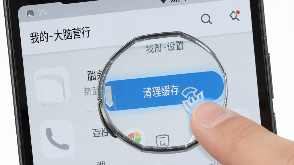 一部安卓手机屏幕显示“大脑营行”的“我的-设置”界面,旁边有放大镜效果突出“清理缓存”按钮,背景是浅灰色桌面,风格为科技产品说明图,细节包括按钮高亮、手指点击动作、界面文字清晰,画质高清,干净,无多余元素