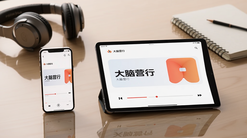一部手机和一台平板电脑并排放在木质桌面上,两块屏幕都显示“大脑营行”的课程播放界面,进度条位置一致,背景有耳机和笔记本,风格为简约产品摄影,细节包括屏幕色彩一致性、桌面倒影、柔和阴影,画质清晰,干净,无多余元素