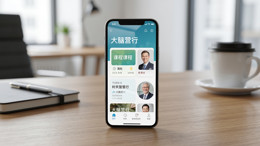 画面中央摆放一部智能手机,手机屏幕显示“大脑营行”应用主界面,界面中有课程卡片和导师头像,背景是简洁的现代办公室环境,桌面有笔记本和咖啡杯,整体布局采用三分法构图,风格为写实商务摄影,细节包括手机屏幕反光、木纹桌面纹理、柔和自然光,画质高清,干净,无多余元素
