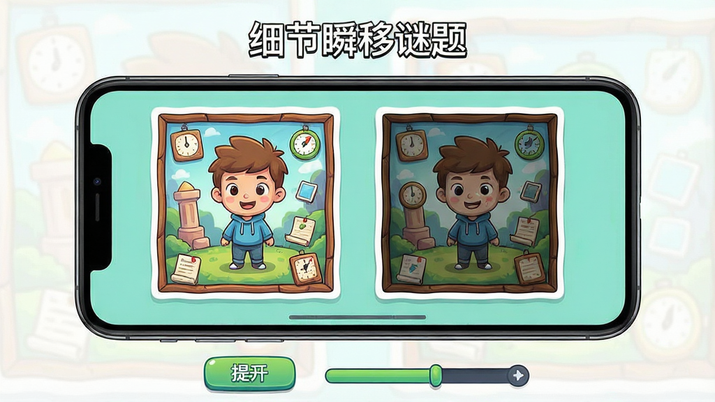 一张展示细节瞬移谜题应用主界面的高清预览图,画面中央放置一部智能手机,手机屏幕内显示卡通风格的解谜场景,画面中有两幅几乎相同的插画左右并排,其中一幅隐藏着几处细微差异,界面顶部有“细节瞬移谜题”标题文字,底部有提示按钮与关卡进度条,整体布局居中对称,风格清新明快,细节丰富,画质干净清晰,无多余元素