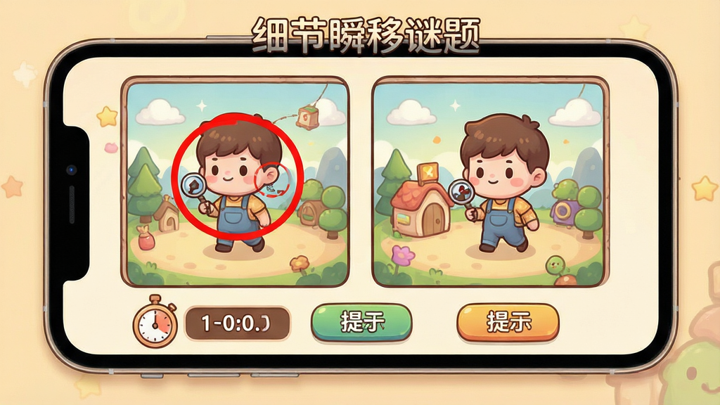 一张展示细节瞬移谜题游戏进行中的画面,手机屏幕内显示两幅并排的卡通场景图,其中一幅图上有红色圆圈标记出的差异位置,屏幕下方有计时器与提示按钮,整体色调温暖舒适,布局清晰,风格卡通可爱,画质细腻干净,画面中带有“细节瞬移谜题”文字标识