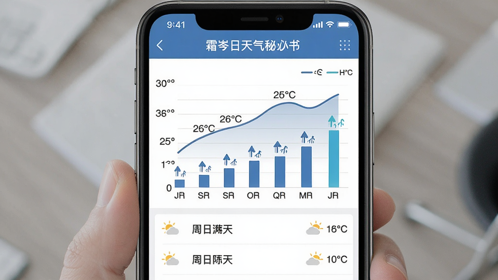 一张霜岑天气秘书多日趋势预报界面图,主体为手机屏幕,布局上方为标题栏,中间为折线图与柱状图组合,下方为每日天气列表,风格简约商务,细节包含温度曲线、降水柱状、日期标签,画质高清,干净,无多余元素