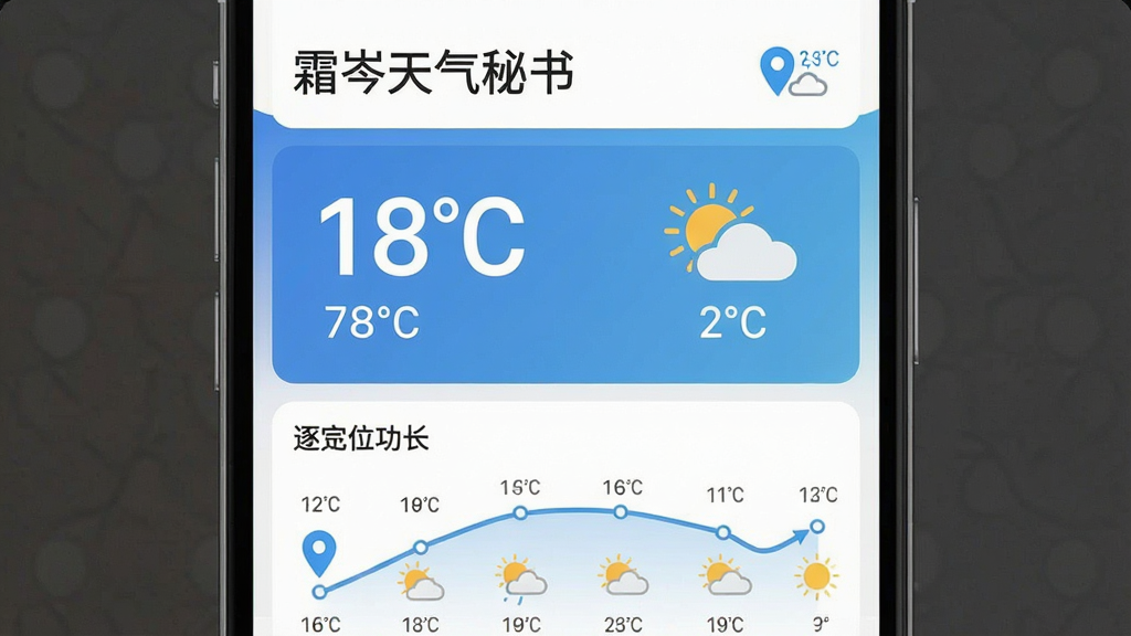 一张展示霜岑天气秘书实时定位功能的界面截图,主体为手机屏幕,布局上方显示城市名称与定位图标,中间为当前温度与天气状态,下方为逐小时预报曲线,风格清新扁平化,细节包含蓝色定位标识、温度数字、天气图标,画质高清,干净,无多余元素