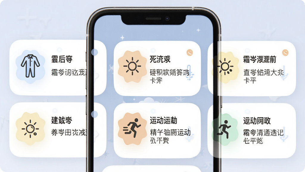 一张霜岑天气秘书生活指数卡片界面图,主体为手机屏幕,布局为网格状卡片排列,每张卡片包含图标与文字建议,风格柔和圆角,细节包含穿衣图标、紫外线图标、运动图标、文字说明,画质高清,干净,无多余元素