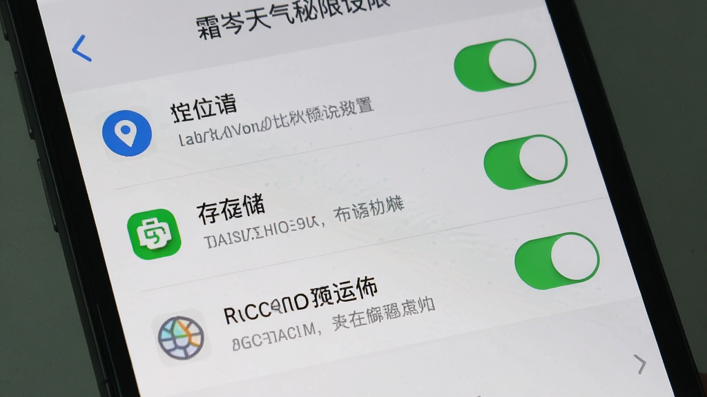 一张霜岑天气秘书权限设置界面的手机截图,主体为手机屏幕,布局为权限列表,包含定位、存储、后台运行等开关,风格浅灰质感,细节包含权限图标、开关按钮、文字说明,画质高清,干净,无多余元素
