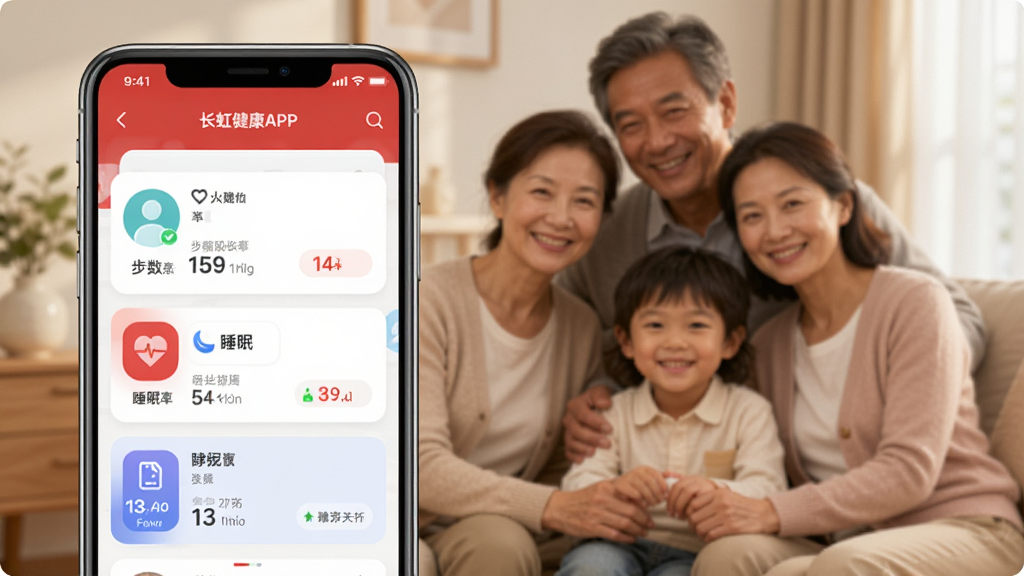 一张展示长虹健康APP家庭关怀功能的图片,手机屏幕显示多个家庭成员的健康数据卡片,包括步数、心率、睡眠等图标,背景为温暖的家庭合影场景,整体风格温馨亲切,排版整齐清晰,画质干净无多余元素