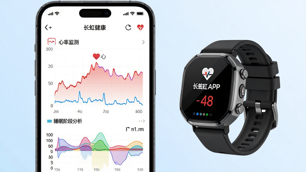 一张展示长虹健康APP心率监测功能的图片,画面中一部手机屏幕显示心率曲线图和睡眠阶段分析图表,旁边放置一只长虹智能手表,背景为淡蓝色渐变,整体风格科技感十足,排版简洁明了,画质清晰,干净无多余元素