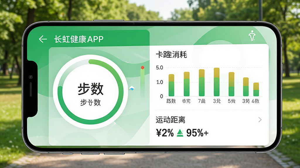 一张展示长虹健康APP运动数据统计页面的图片,手机屏幕显示步数环形进度条、卡路里消耗柱状图和运动距离数据,界面配色以绿色和白色为主,背景为户外公园场景,风格活力清新,画质清晰,干净无多余元素