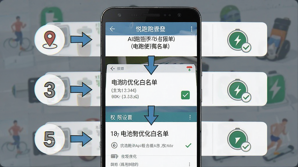 一张AI生成的悦跑世界使用教程示意图,主体为一部安卓手机屏幕展示权限设置与电池优化白名单界面,布局为纵向排列的步骤指引,排版采用编号与箭头引导,风格为简洁教程插画,细节包含定位图标、电池图标与勾选标记,画质高清,干净,无多余元素
