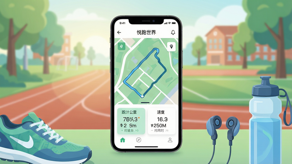 一张展示悦跑世界应用主界面的手机场景图,画面中央是一部竖屏智能手机,屏幕内显示悦跑世界APP的跑步记录首页,包含地图轨迹路线、跑步公里数、配速与用时数据面板,手机周围环绕运动鞋、耳机、水壶等跑步装备,背景为清晨校园跑道,整体布局简洁明快,风格为现代扁平化UI插画,细节包含柔和光影与清新绿蓝色调,画质高清,干净,无多余元素