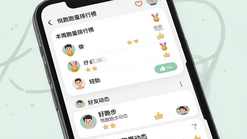 一张展示悦跑世界社交功能的AI生图,画面主体为手机屏幕内显示跑团排行榜与好友动态列表,布局为上下结构,上方是本周跑量排行榜,下方是好友跑步动态卡片,排版清晰,风格为清新社交风插画,细节包含头像、奖牌图标与点赞按钮,画质高清,干净,无多余元素