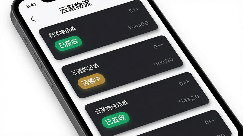 主体为手机屏幕特写,屏幕中展示云聚物流运单列表页面,列表项包含“已揽收”“运输中”“已签收”等状态标签,布局为纵向排列,排版清晰,风格为简约商务风,细节上每个运单卡片带有轻微阴影,背景为纯白色,画质清晰,干净无多余元素