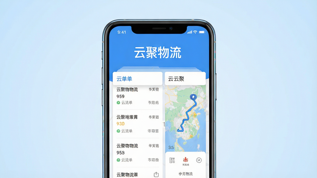 主体为一部智能手机,屏幕上显示云聚物流应用主界面,界面上方有“云聚物流”四个字,布局为手机居中放置,背景为干净的浅蓝色渐变,排版简洁,风格为现代扁平化科技风,细节上手机边缘有轻微反光,屏幕内展示运单列表与地图轨迹,画质为高清渲染,干净无多余元素