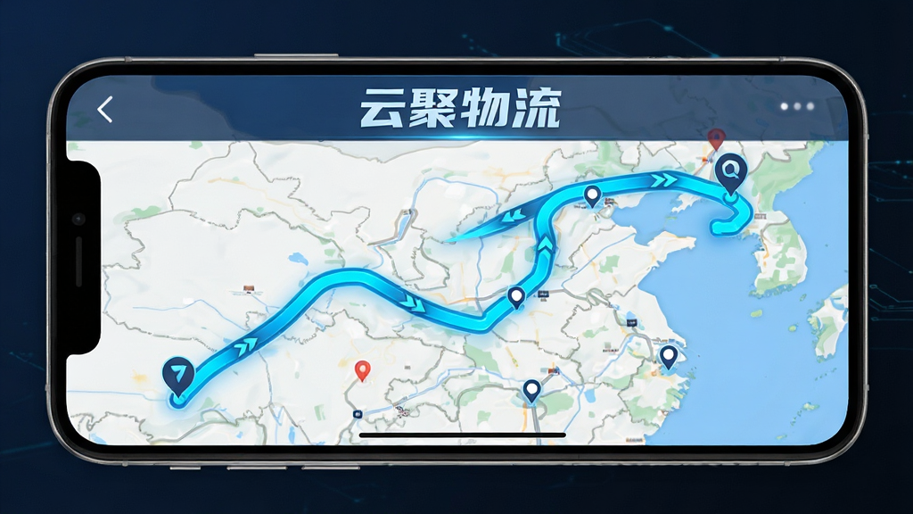 主体为手机屏幕显示地图界面,地图上有一条从起点到终点的物流轨迹线,经过多个城市节点,屏幕上方有“云聚物流”字样,布局为手机横屏展示,排版突出地图与轨迹,风格为现代科技风,细节上轨迹线为亮蓝色并带有方向箭头,画质高清,干净无多余元素