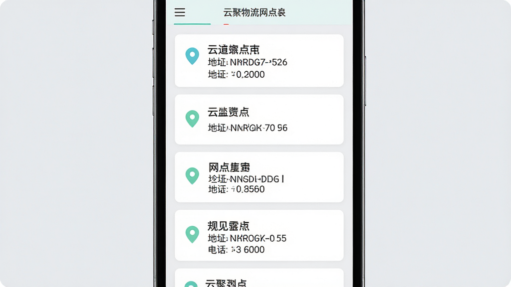 主体为手机屏幕显示云聚物流网点列表页面,页面中展示多个网点名称、地址与电话图标,布局为纵向卡片式排列,排版整洁,风格为清新浅色风,细节上每个网点卡片带有定位小图标,背景为浅灰色,画质清晰,干净无多余元素