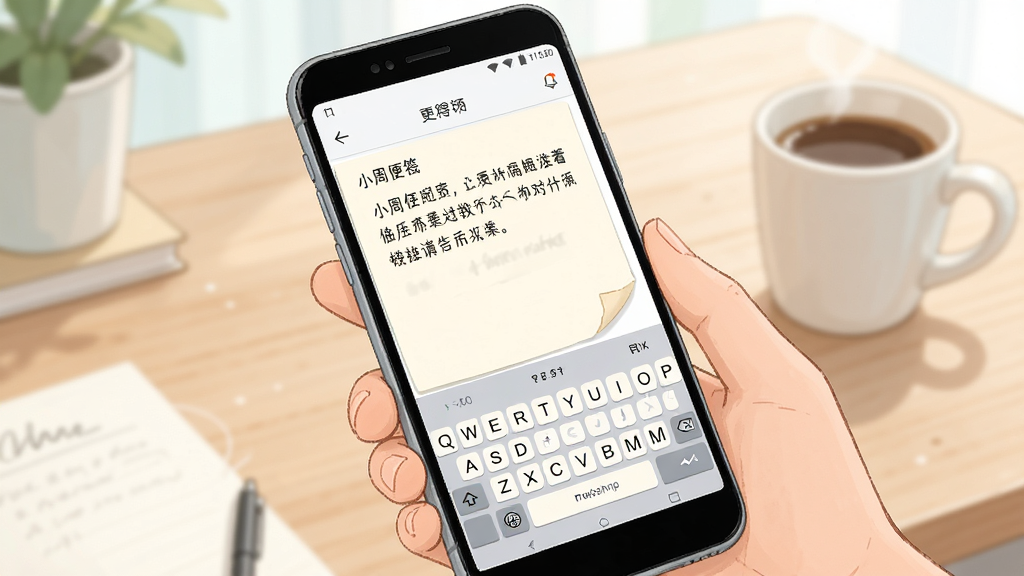 小周便签移动端使用场景插画,画面中一只手拿着安卓手机,屏幕显示便签编辑界面,背景是书桌和咖啡杯,风格清新浅色,细节包括手机边框、便签文字、键盘图标,画质清晰,无多余元素