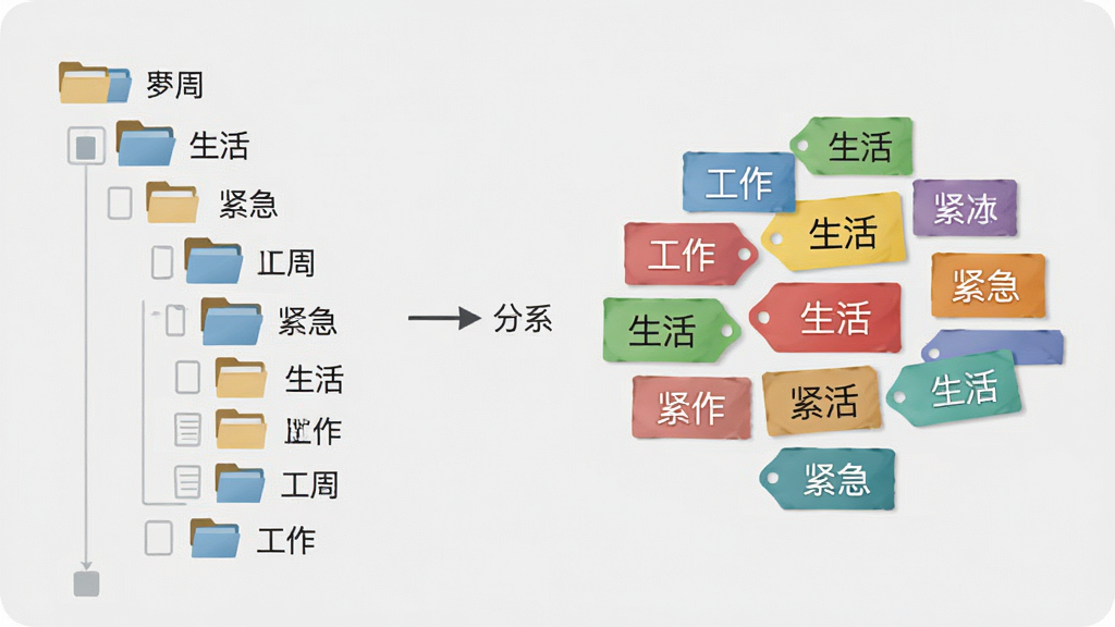小周便签功能展示插画,画面左侧是文件夹树状结构,右侧是彩色标签云,中间用箭头连接表示分类关系,背景为浅灰色,风格简洁商务,细节包括文件夹图标、标签文字如“工作”“生活”“紧急”,画质清晰,无多余元素