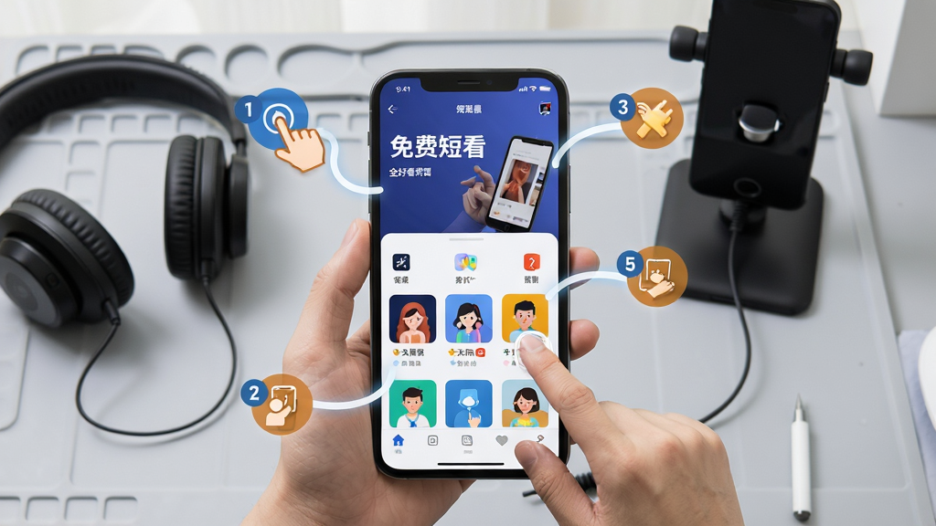 免费短剧全好看新手操作指引图,画面中央为手机屏幕展示软件首页,屏幕周围有手指点击图标与步骤序号标注,背景为浅灰色工作台面,台面上放置耳机与手机支架,风格教学实用,细节清晰,画质高清,干净无多余元素