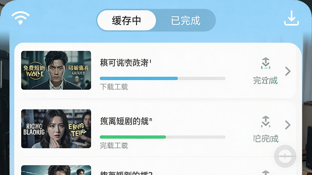 免费短剧全好看离线缓存功能界面,手机屏幕内显示下载管理页面,列表中有多部短剧带有下载进度条与已完成标识,屏幕上方有缓存中与已完成标签切换,背景为清爽浅蓝色,画面角落有WiFi与下载箭头图标,风格简洁实用,画质高清,干净无多余元素
