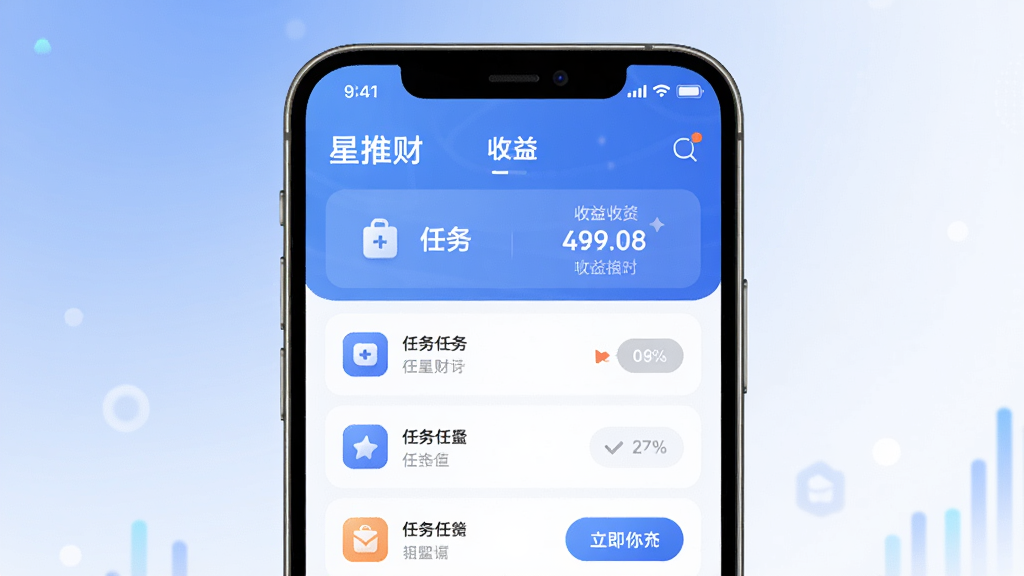一款名为“星推财”的手机应用主界面预览图,画面中央展示手机屏幕,屏幕内呈现任务列表与收益数字,背景为柔和的蓝白渐变,布局简洁清晰,风格现代科技感,细节包含图标与按钮元素,画质高清,干净,无多余元素