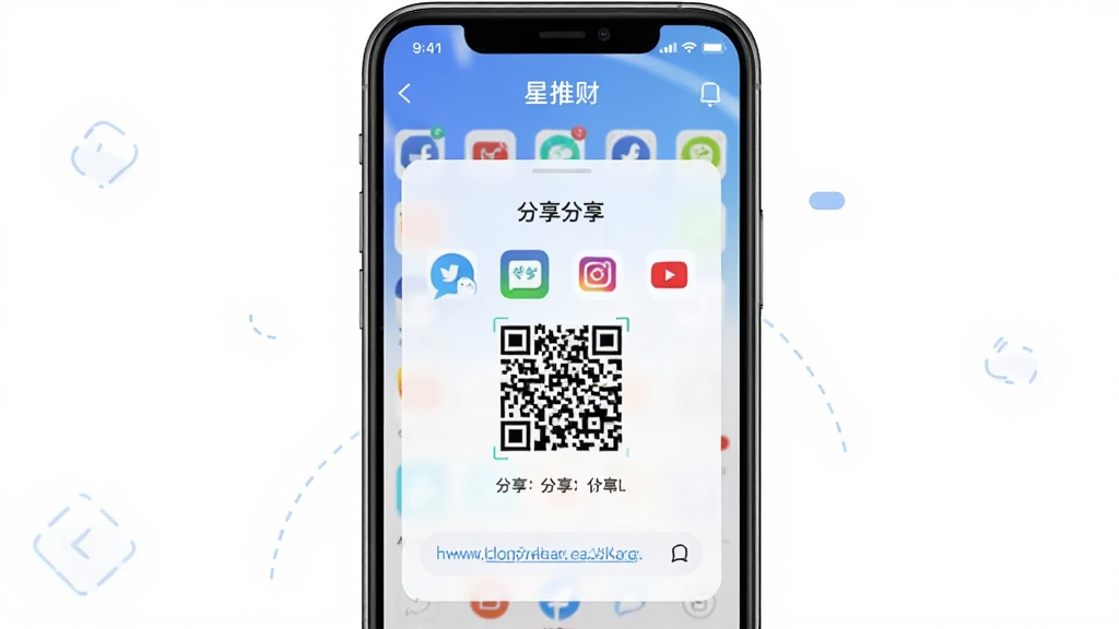 一张展示“星推财”一键分享推广功能的图片,画面主体为手机屏幕,屏幕内显示分享面板与多个社交平台图标,布局居中,风格清新浅色,细节包含二维码与链接元素,画质高清,干净,无多余元素