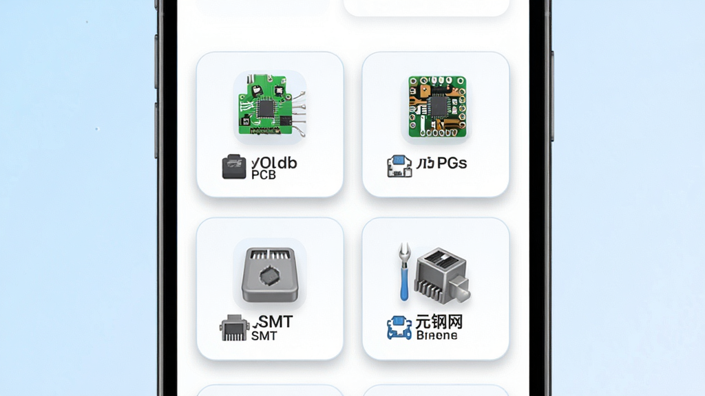 嘉立创下单助手多业务管理界面,主体为手机屏幕展示PCB、SMT、钢网、元器件四个功能模块卡片,布局两列网格排列,排版整齐,风格为清新浅色科技风,细节包含各模块专属图标、圆角卡片、柔和阴影,画质高清干净无多余元素,背景为浅蓝渐变。