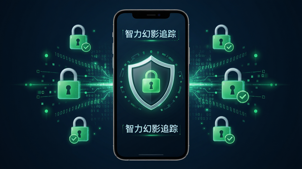 画面以“智力幻影追踪”的隐私安全为主题,主体是一个带有盾牌图标的手机界面,周围环绕锁形符号与数据加密线条,布局为居中对称,排版简洁明了,风格为安全科技风,细节包括绿色安全标识与加密光效,画质高清干净,无多余元素