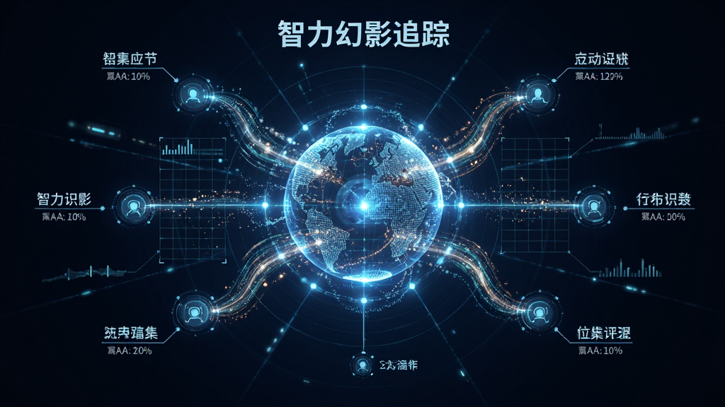 画面中心为“智力幻影追踪”的幻影识别引擎概念图,主体是一个发光的球形数据核心,周围环绕多条数据流与识别节点,布局采用放射状结构,排版以核心向外扩散,风格为科幻数据可视化,细节包括粒子光效、网格线与标签文字,画质高清干净,无多余元素