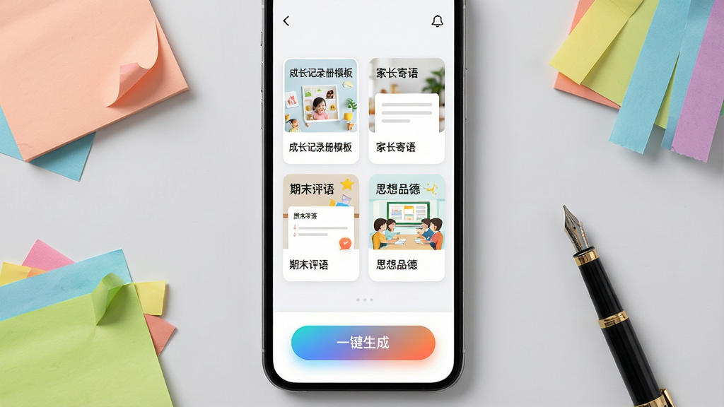 一张展示成长记录软件模板选择界面的图,画面中央是手机屏幕,屏幕上排列着多个模板卡片,卡片上分别写着“成长记录册模板”“家长寄语”“期末评语”“思想品德”;屏幕下方有一个“一键生成”按钮;手机周围散落着彩色便签纸和钢笔;布局为居中俯视角度,背景为浅灰色桌面;风格为现代简约UI风格,细节包括模板卡片上的缩略图预览、按钮的渐变发光效果;画质高清,无多余装饰。