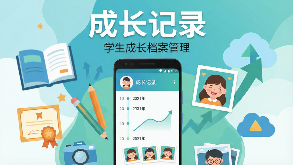 一张展示成长记录软件核心功能的合成图,画面中央是一部安卓手机,手机屏幕上显示成长记录应用的主界面,包含学生头像、时间轴、成绩曲线和相册缩略图;手机周围环绕着书本、铅笔、奖状、相机、云朵存储图标等元素;整体布局为居中构图,上方用大号字体写着“成长记录”,下方小字标注“学生成长档案管理”;风格为清新扁平化插画,色彩以蓝绿暖橙为主,干净明亮;细节包括时间轴上的日期标注、相册中的笑脸照片、成绩上升箭头;画质高清,无多余元素。