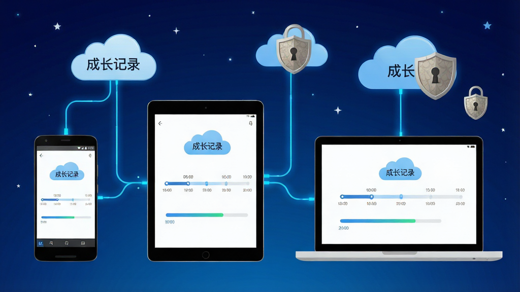 一张展示成长记录软件云端同步功能的图,画面左侧是安卓手机,中间是平板电脑,右侧是笔记本电脑,三台设备屏幕上都显示相同的成长记录时间轴界面;设备之间用发光的蓝色数据线连接,数据线上方漂浮着云朵和锁形图标;布局为横向排列,背景是深蓝色星空渐变;风格为科技感扁平插画,细节包括设备屏幕上的同步进度条、云朵中的“成长记录”字样、锁形图标上的盾牌纹理;画质清晰,无杂乱元素。