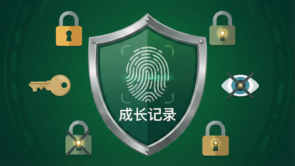 一张展示成长记录软件隐私保护功能的图,画面中央是一个盾牌形状的图标,盾牌内部显示指纹识别图案和“成长记录”文字;盾牌周围环绕着锁、钥匙、眼睛被划掉等安全符号;布局为居中对称,背景为深绿色渐变;风格为安全主题扁平图标,细节包括盾牌边缘的金属质感、指纹纹理的细腻线条、锁孔中的光点;画质高清,干净无多余元素。