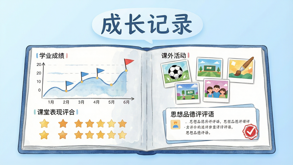 一张展示成长记录软件多维度档案功能的示意图,画面主体是一本展开的电子档案册,左侧页面显示学业成绩折线图和课堂表现星级评分,右侧页面显示课外活动照片墙和思想品德评语卡片;档案册上方悬浮着“成长记录”四个字;布局为左右对称展开,背景是柔和的浅蓝色渐变;风格为手绘水彩与扁平图标结合,细节包括成绩曲线上的小旗子标记、照片墙中的足球和画笔图标、评语卡片上的红勾印章;画质细腻,干净无杂乱元素。